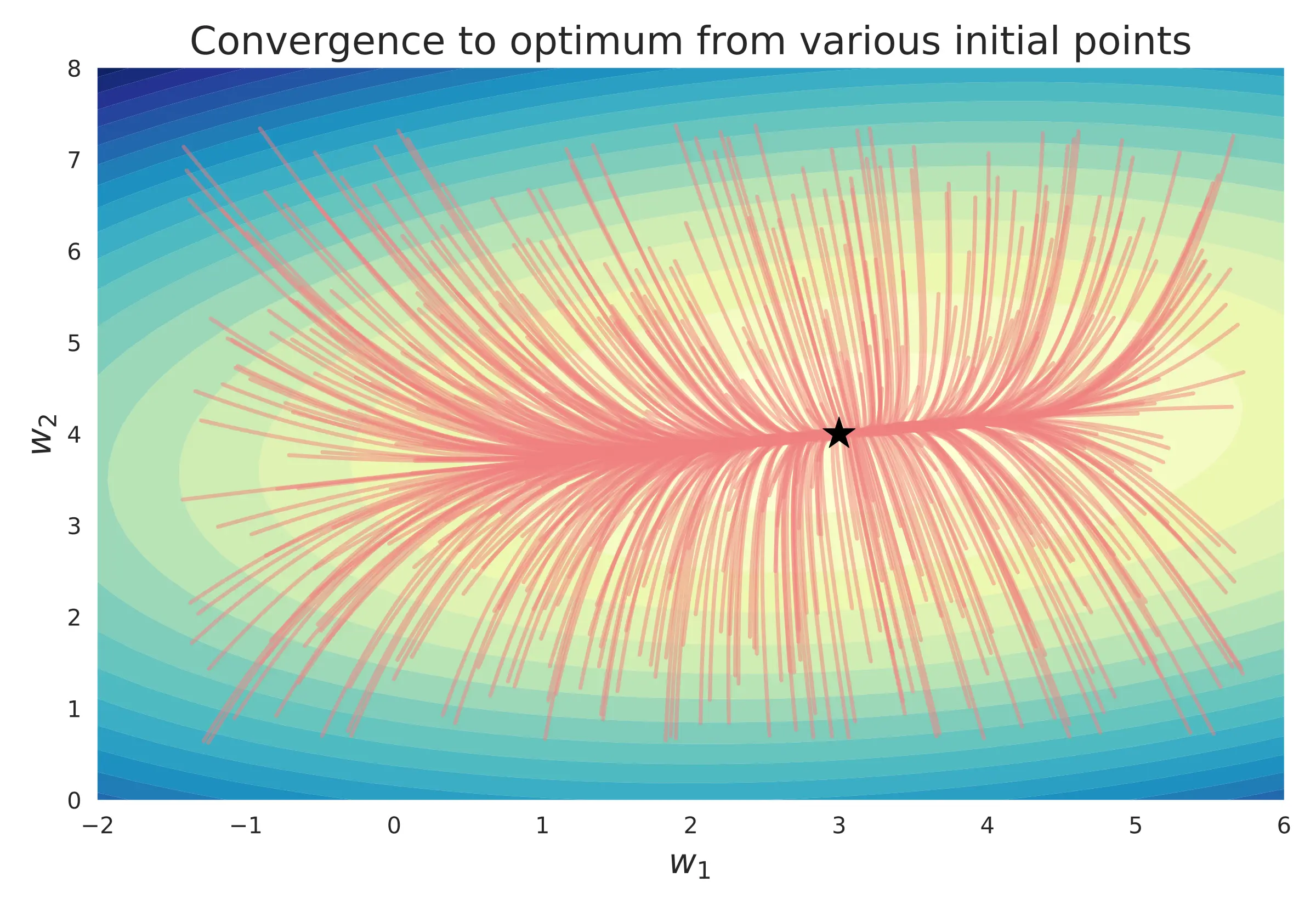 Convergence of SGD to optimum from different initial points.